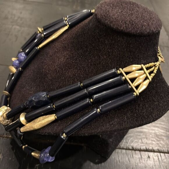 LARGE CHICOS NECKLACE BLUE MULTISTRAND BRUSHED GOLD TONE BEADS FASHION STATEMENT - Picture 3 of 7